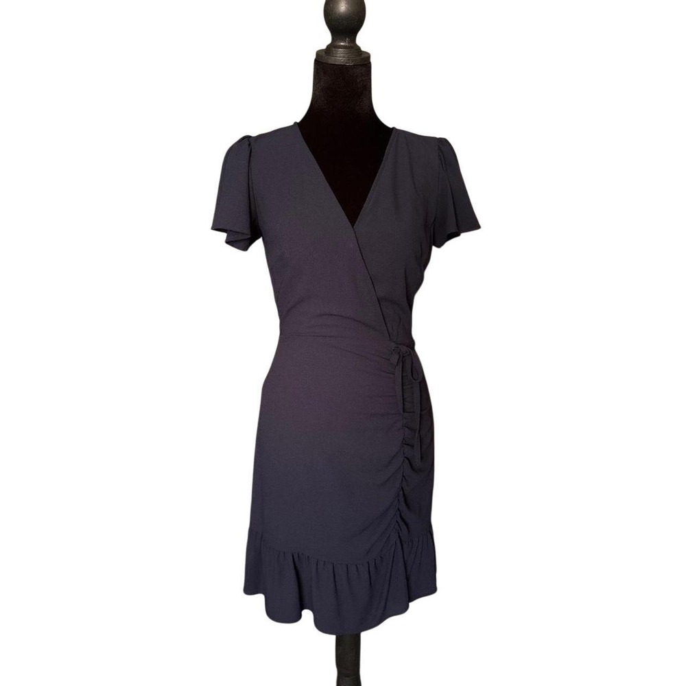 Navy Blue Ruffle Faux Wrap Mini Dress Women Small Excellent V-Neck Short Sleeve